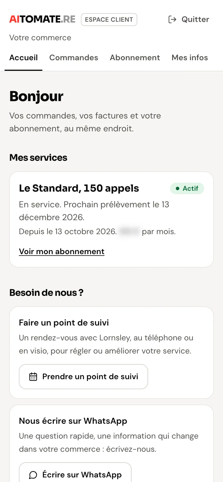 Capture de l'espace client : les services en place, les commandes et factures, et comment nous joindre. Données d'exemple, montants masqués.